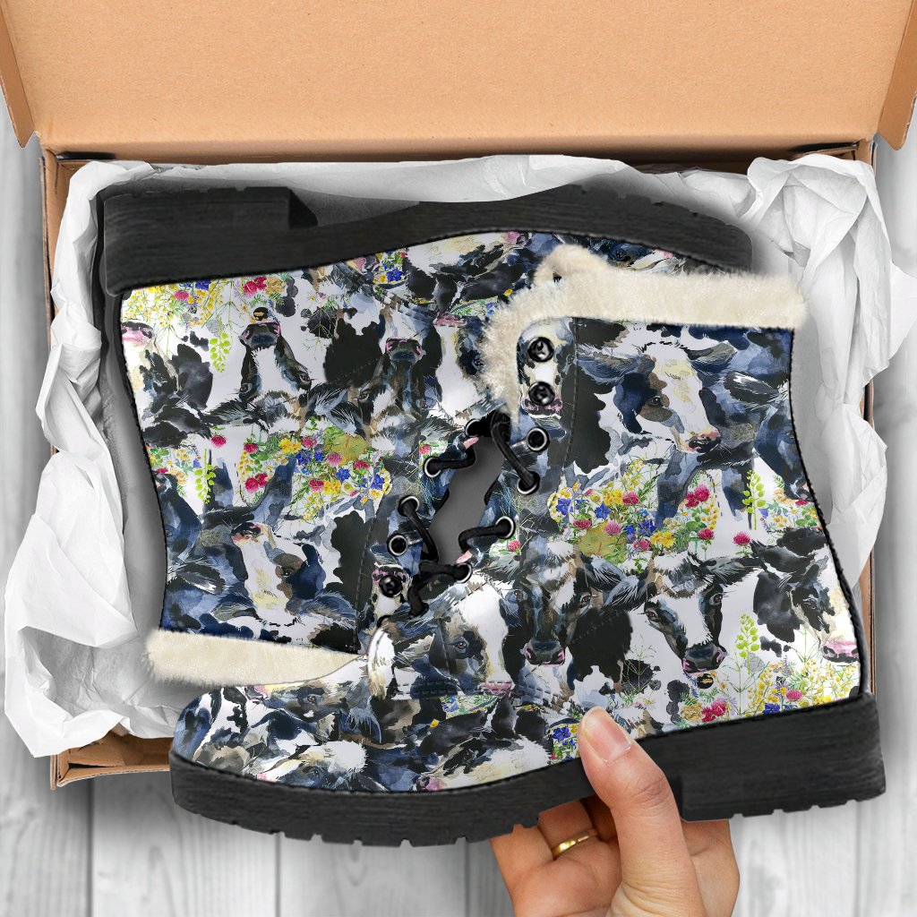Cow Watercolor Print Pattern Faux Fur Leather Boots-JTAMIGO.COM