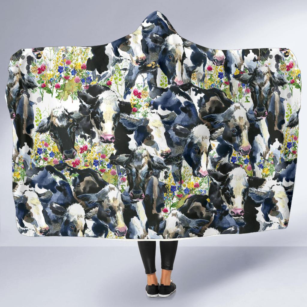 Cow Watercolor Print Pattern Hooded Blanket-JTAMIGO.COM