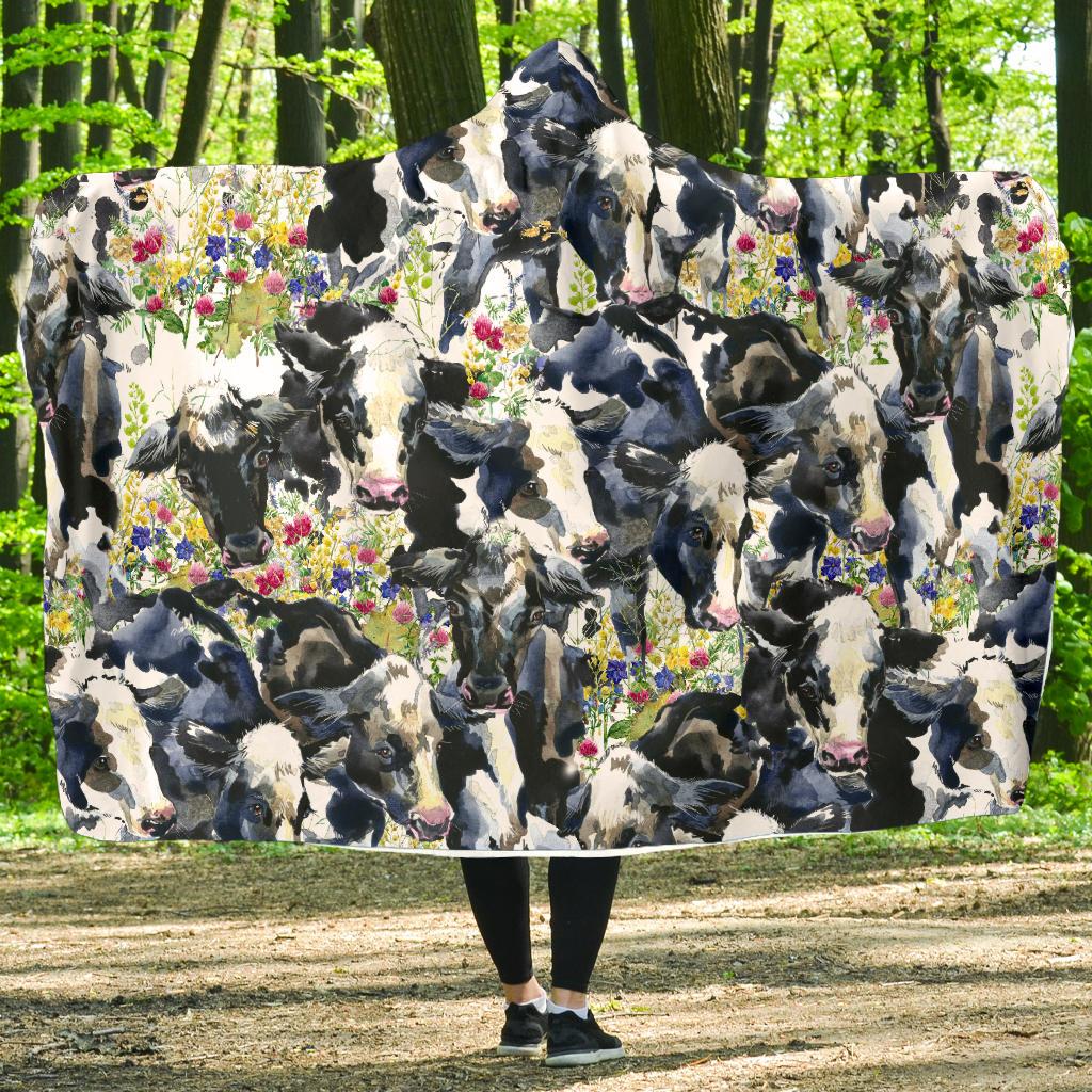 Cow Watercolor Print Pattern Hooded Blanket-JTAMIGO.COM