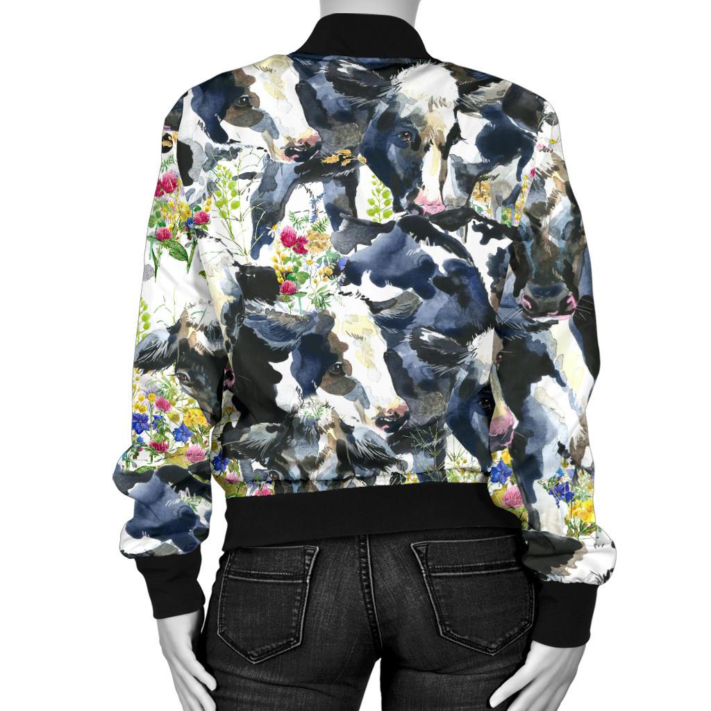 Cow Watercolor Print Pattern Women Casual Bomber Jacket