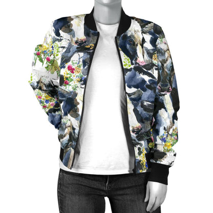 Cow Watercolor Print Pattern Women Casual Bomber Jacket