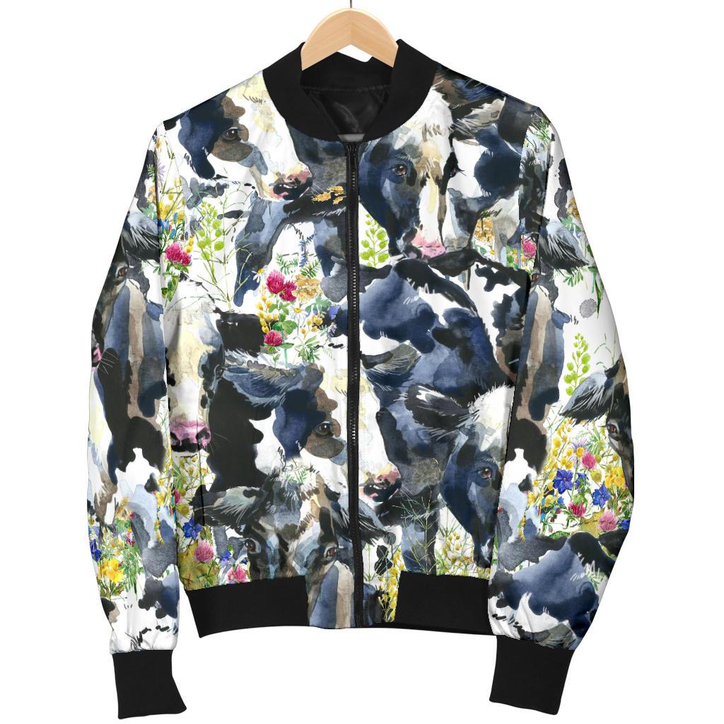 Cow Watercolor Print Pattern Women Casual Bomber Jacket