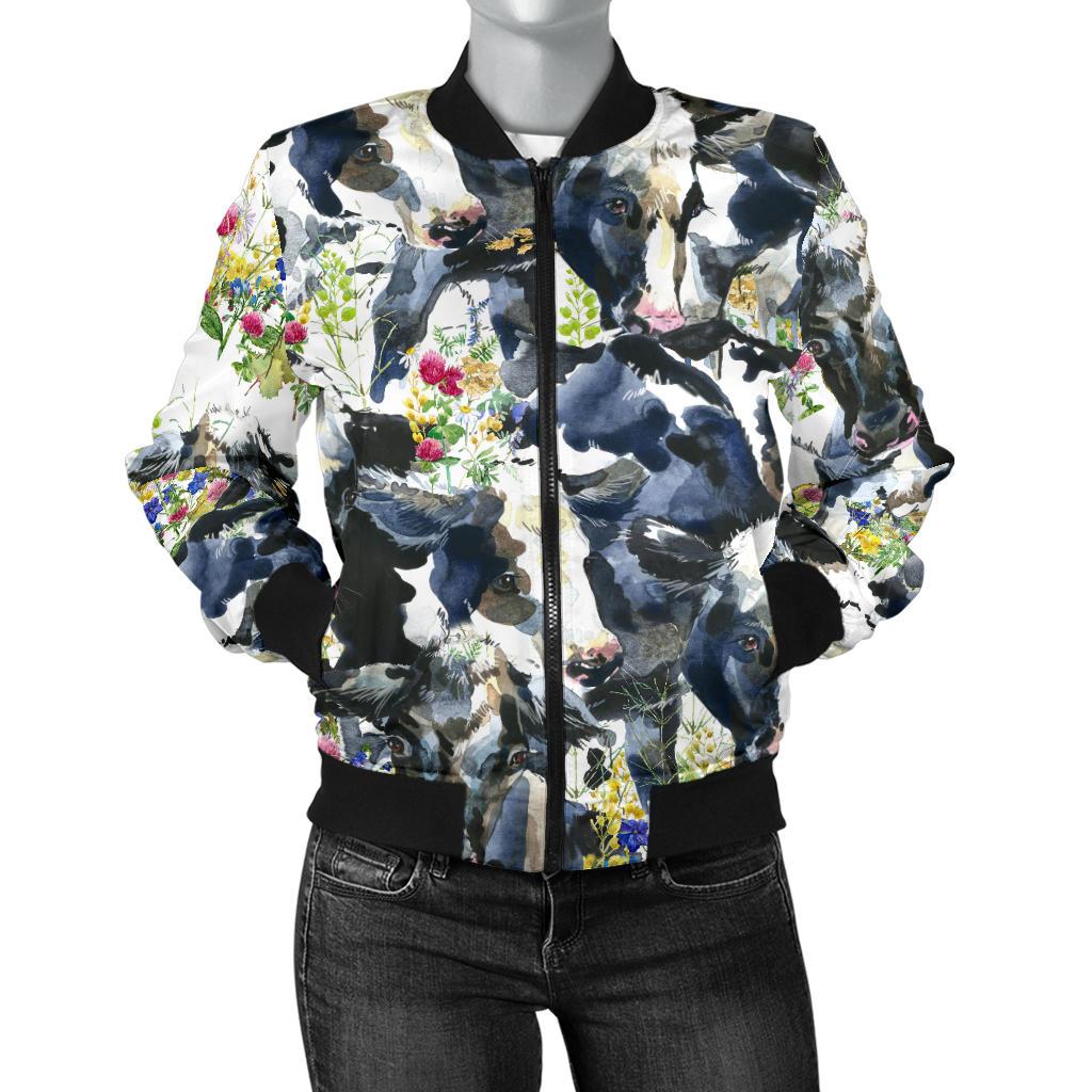 Cow Watercolor Print Pattern Women Casual Bomber Jacket