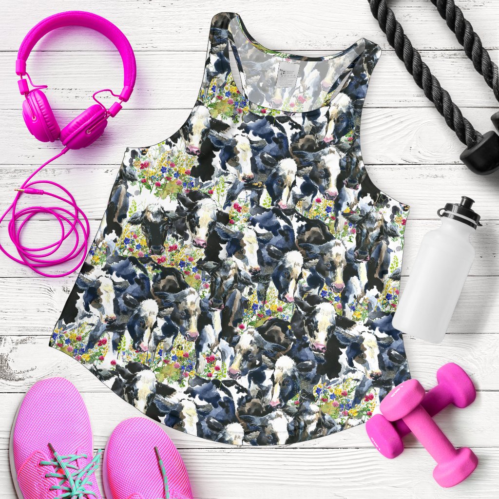 Cow Watercolor Print Pattern Women Racerback Tank Top