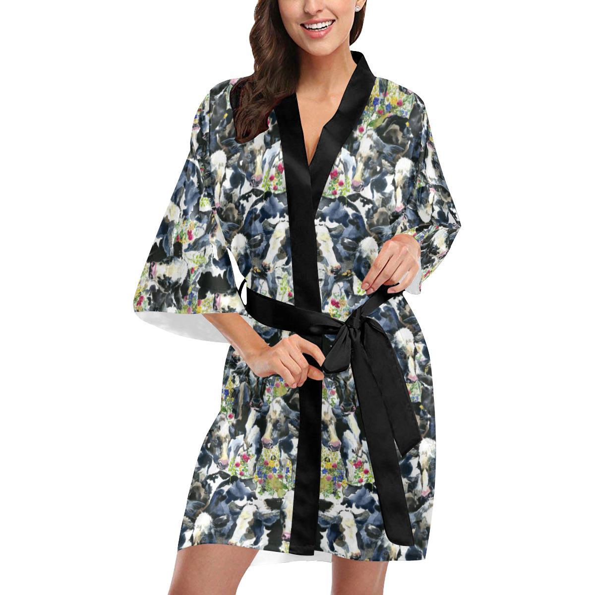 Cow Watercolor Print Pattern Women Short Kimono Robe