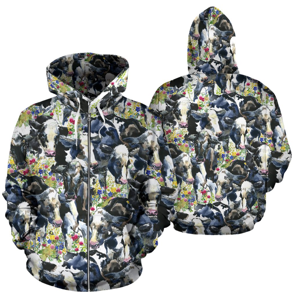 Cow Watercolor Print Pattern Zip Up Hoodie