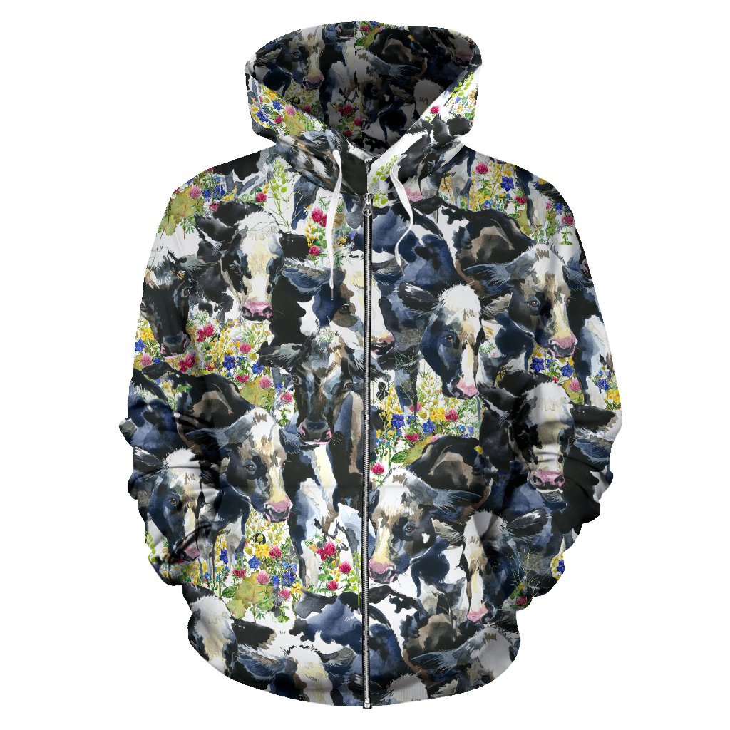 Cow Watercolor Print Pattern Zip Up Hoodie