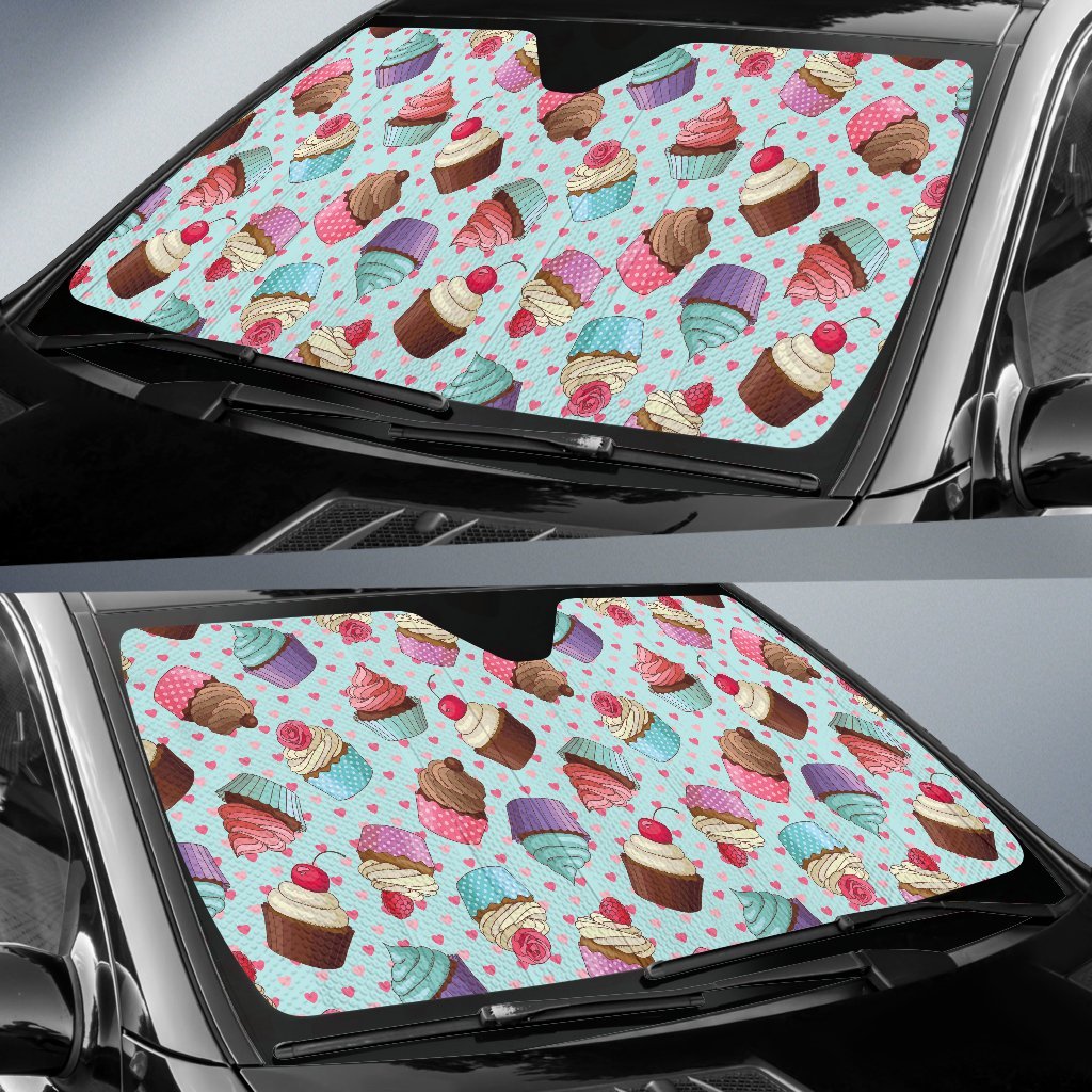 Cupcakes Fancy Heart Print Pattern Car Sun Shade For Windshield
