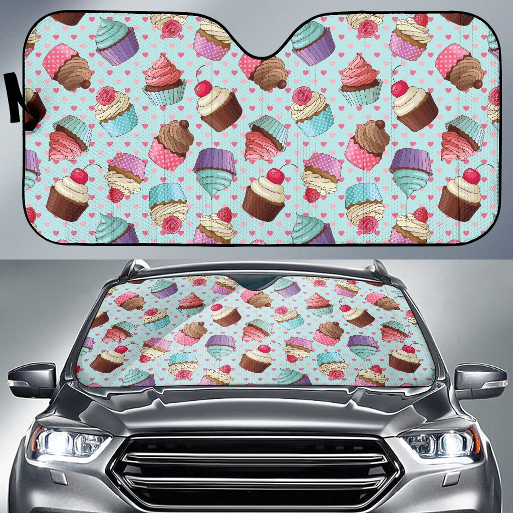Cupcakes Fancy Heart Print Pattern Car Sun Shade For Windshield