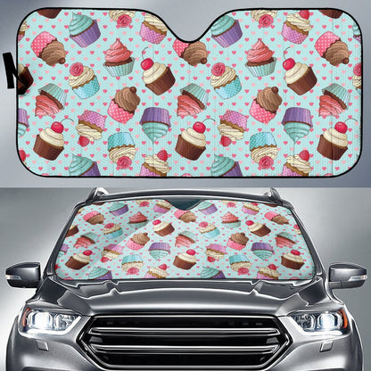 Cupcakes Fancy Heart Print Pattern Car Sun Shade For Windshield