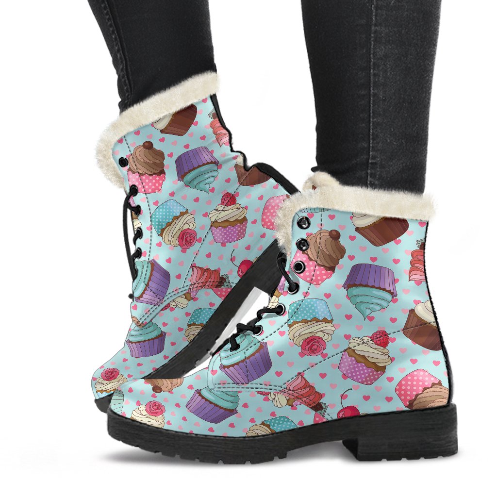 Cupcakes Fancy Heart Print Pattern Faux Fur Leather Boots-JTAMIGO.COM