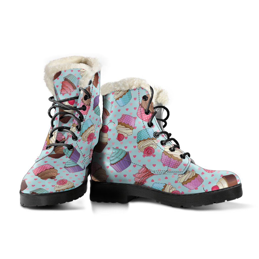 Cupcakes Fancy Heart Print Pattern Faux Fur Leather Boots-JTAMIGO.COM