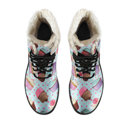 Cupcakes Fancy Heart Print Pattern Faux Fur Leather Boots-JTAMIGO.COM