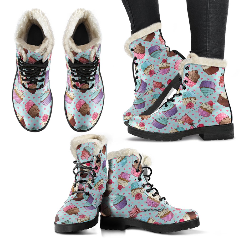 Cupcakes Fancy Heart Print Pattern Faux Fur Leather Boots-JTAMIGO.COM