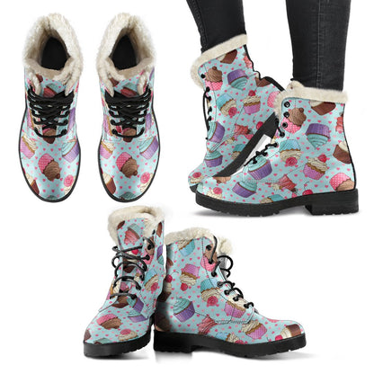 Cupcakes Fancy Heart Print Pattern Faux Fur Leather Boots-JTAMIGO.COM