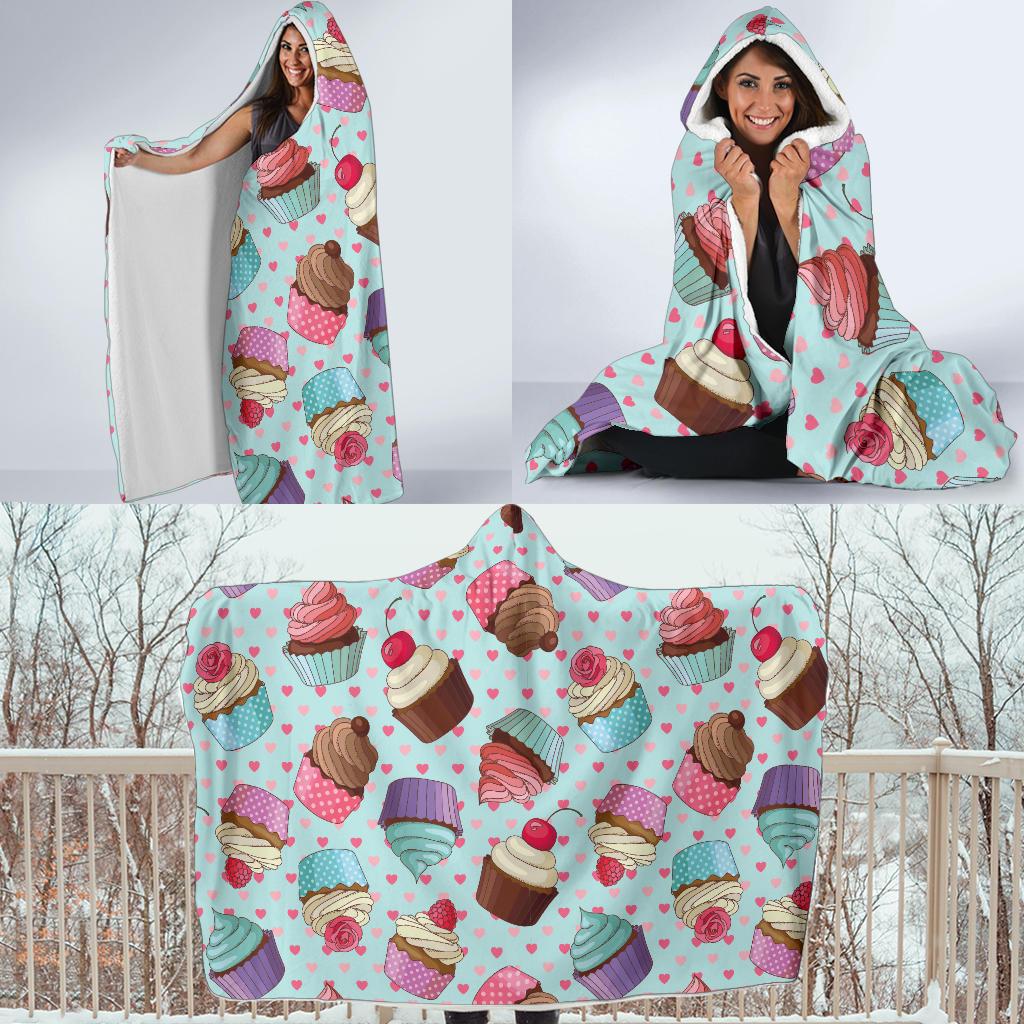 Cupcakes Fancy Heart Print Pattern Hooded Blanket-JTAMIGO.COM