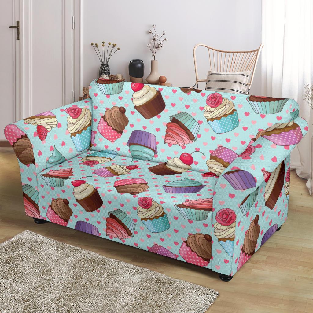 Cupcakes Fancy Heart Print Pattern Loveseat Slipcover-JTAMIGO.COM
