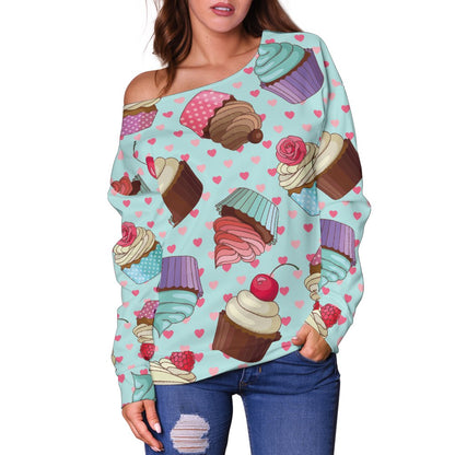 Cupcakes Fancy Heart Print Pattern Off Shoulder Sweatshirt