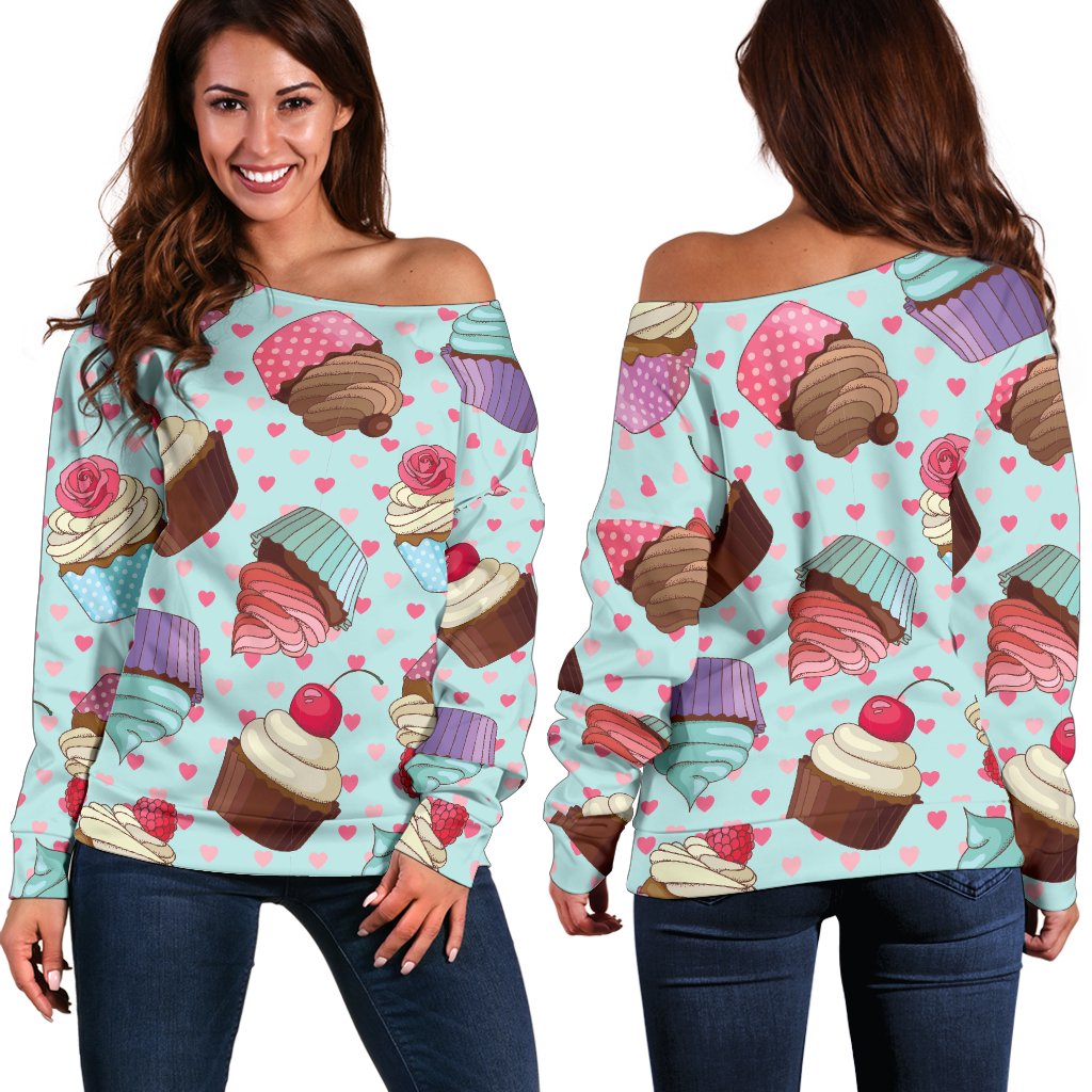 Cupcakes Fancy Heart Print Pattern Off Shoulder Sweatshirt