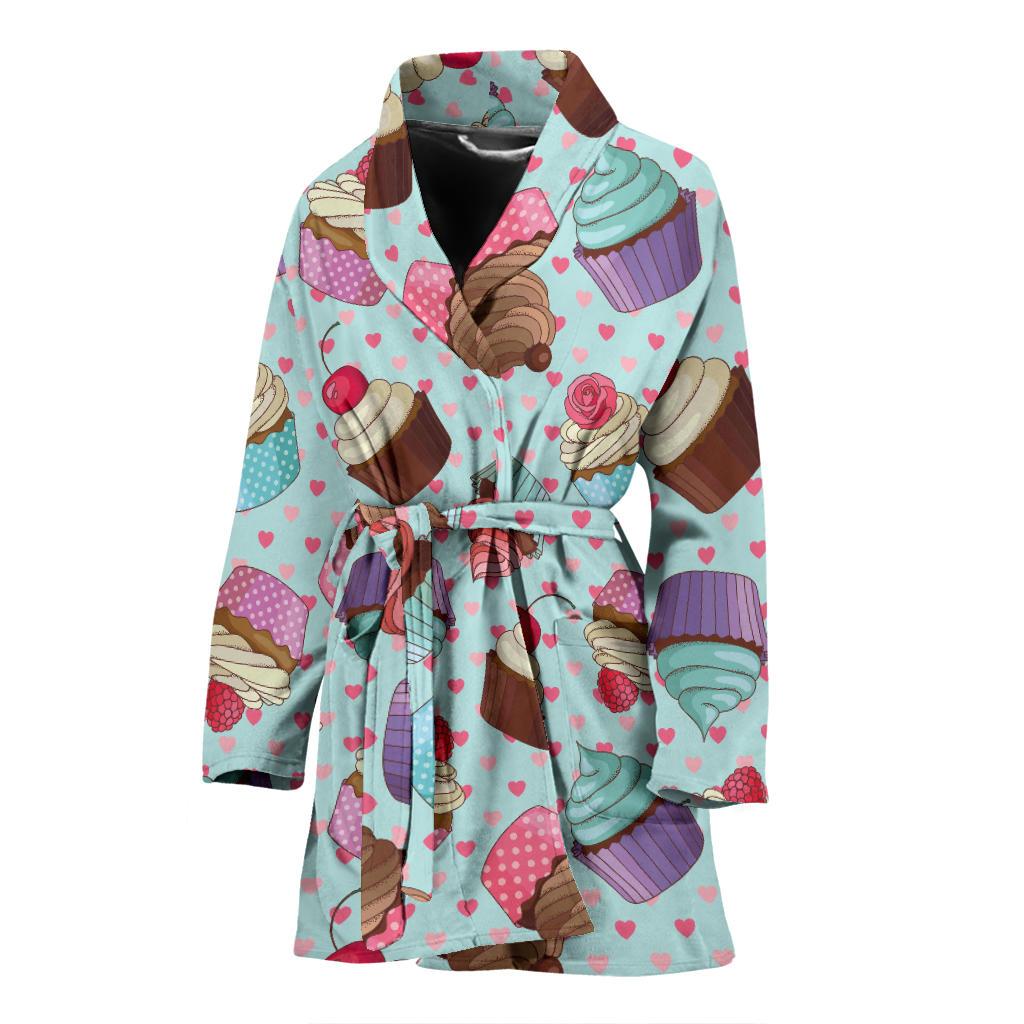 Cupcakes Fancy Heart Print Pattern Women Bath Robe-JTAMIGO.COM
