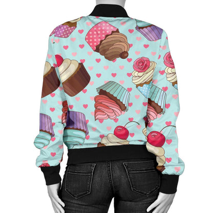 Cupcakes Fancy Heart Print Pattern Women Casual Bomber Jacket