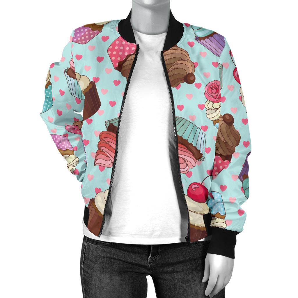 Cupcakes Fancy Heart Print Pattern Women Casual Bomber Jacket