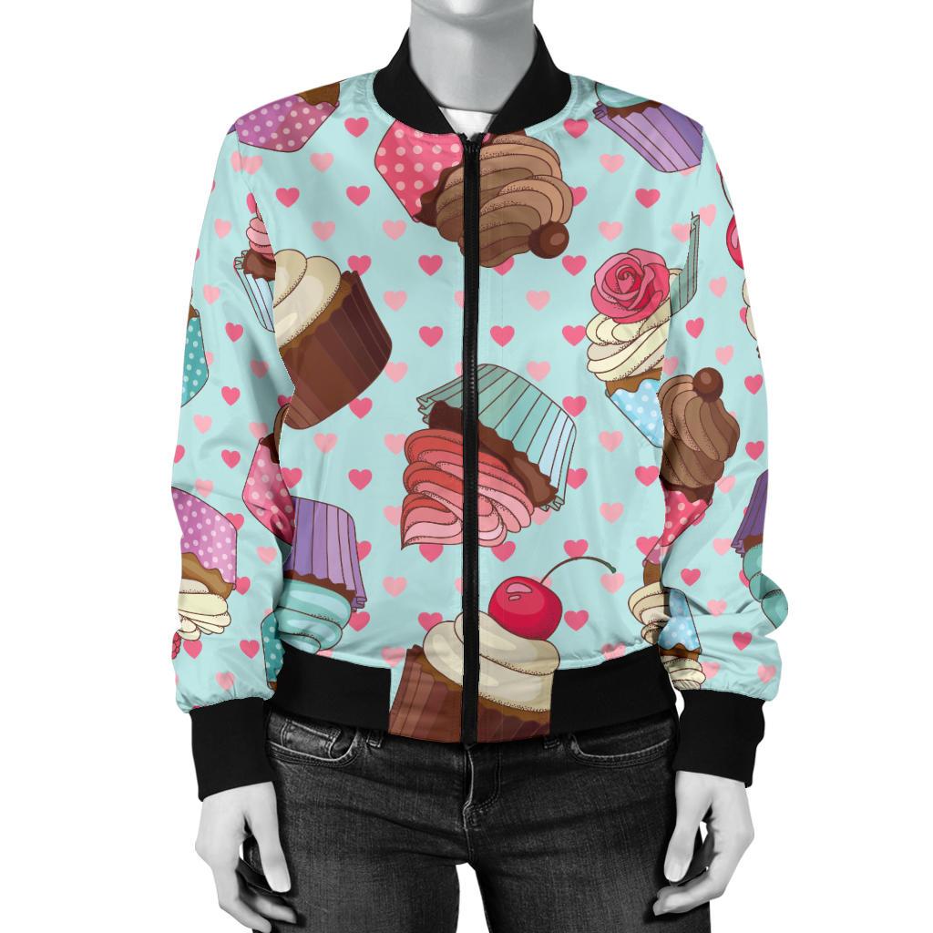 Cupcakes Fancy Heart Print Pattern Women Casual Bomber Jacket