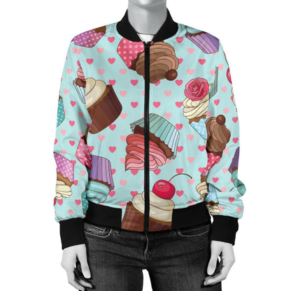 Cupcakes Fancy Heart Print Pattern Women Casual Bomber Jacket
