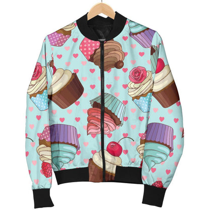 Cupcakes Fancy Heart Print Pattern Women Casual Bomber Jacket