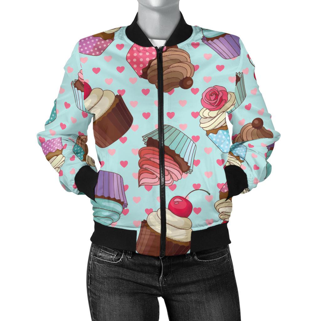 Cupcakes Fancy Heart Print Pattern Women Casual Bomber Jacket