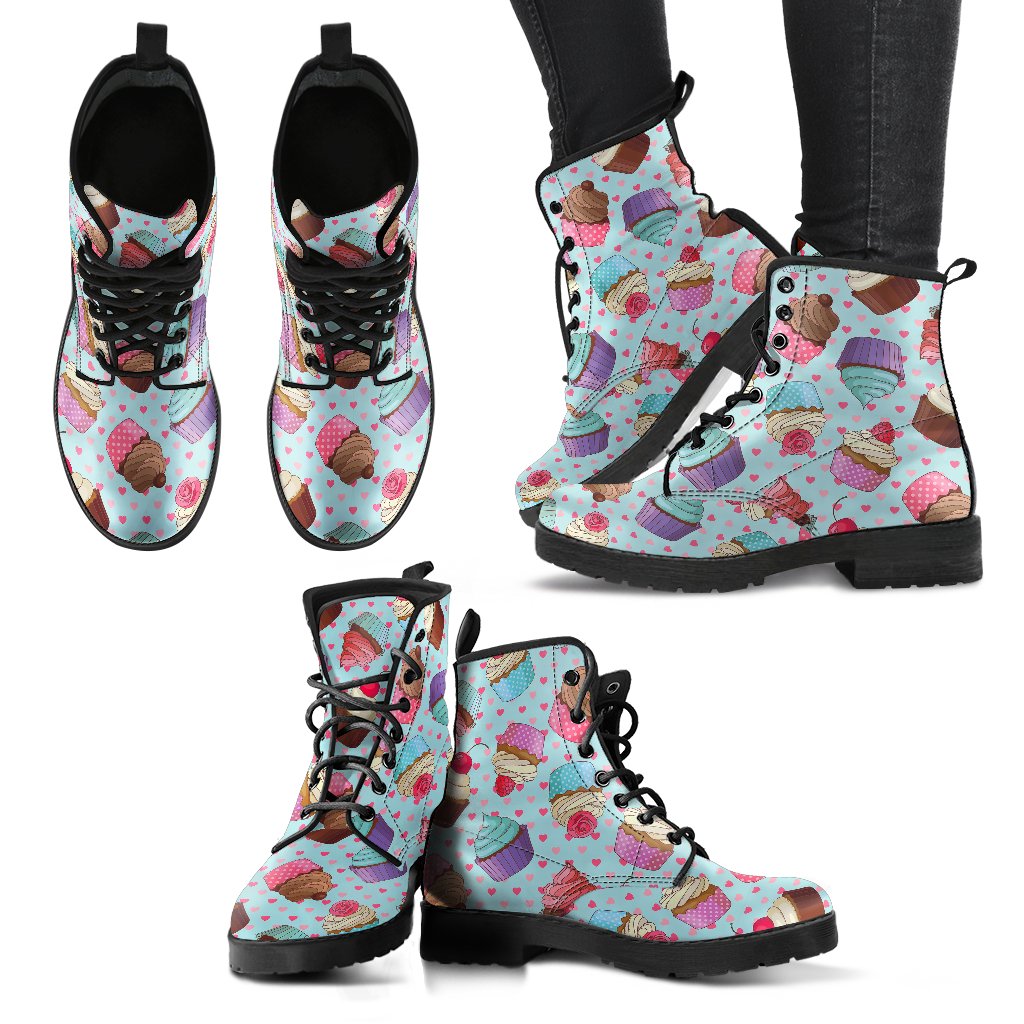 Cupcakes Fancy Heart Print Pattern Women Leather Boots-JTAMIGO.COM