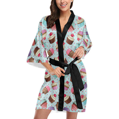 Cupcakes Fancy Heart Print Pattern Women Short Kimono Robe