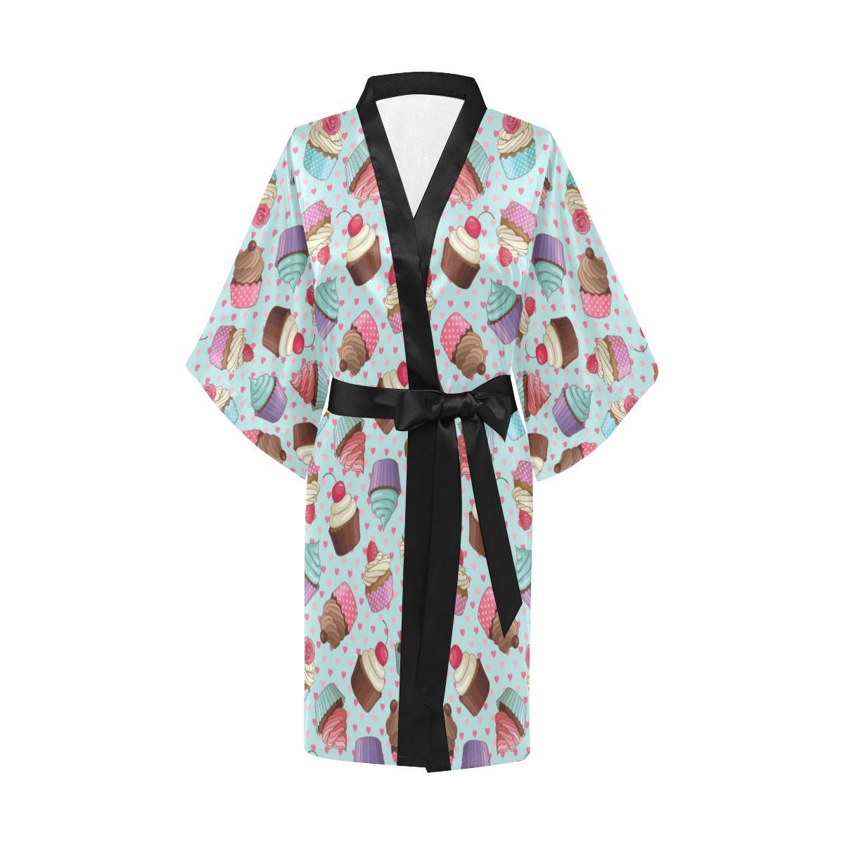 Cupcakes Fancy Heart Print Pattern Women Short Kimono Robe
