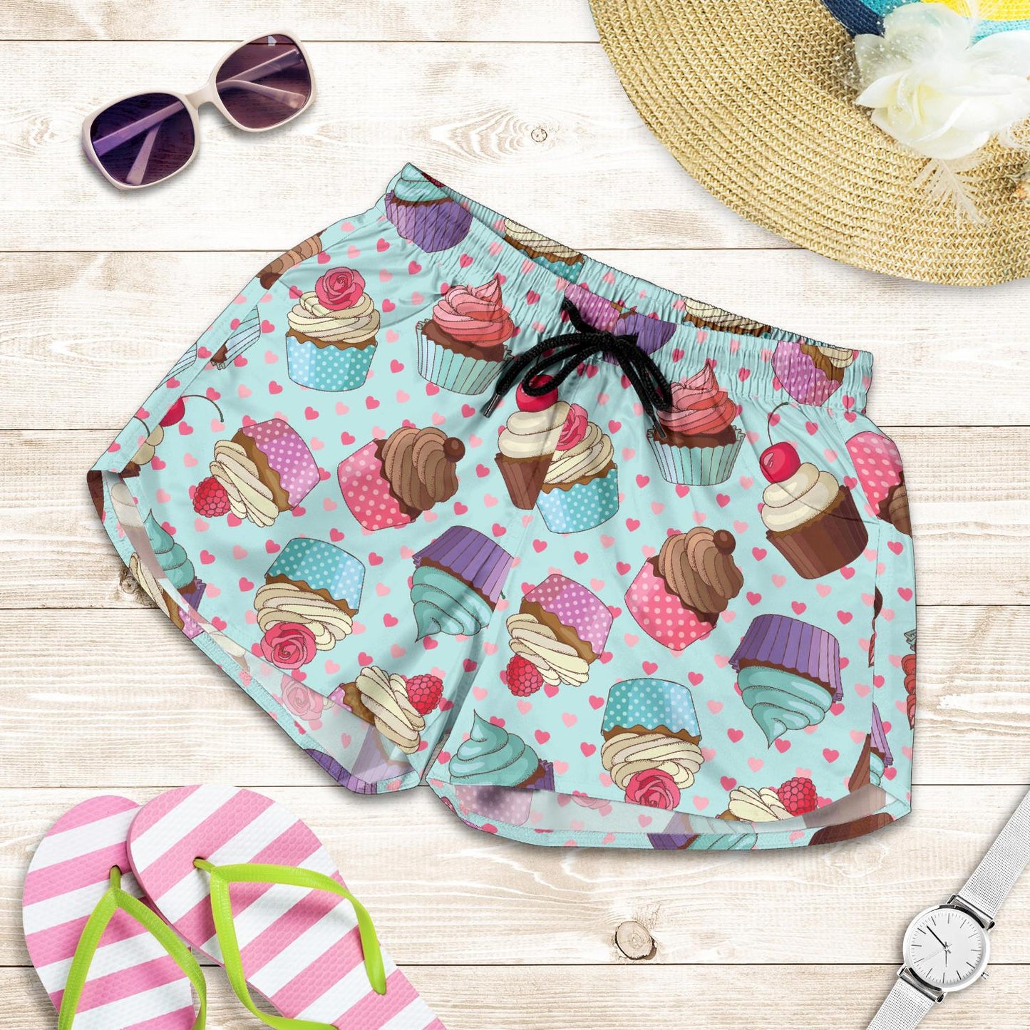 Cupcakes Fancy Heart Print Pattern Women Shorts-JTAMIGO.COM