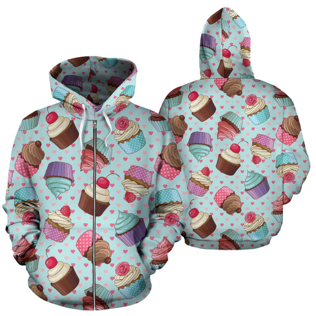 Cupcakes Fancy Heart Print Pattern Zip Up Hoodie