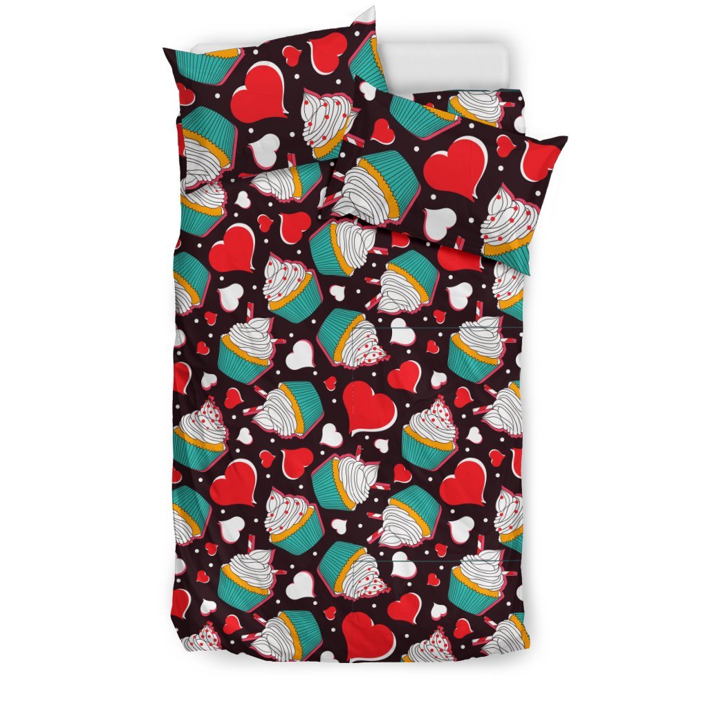 Cupcakes Heart Print Pattern Duvet Cover Bedding Set