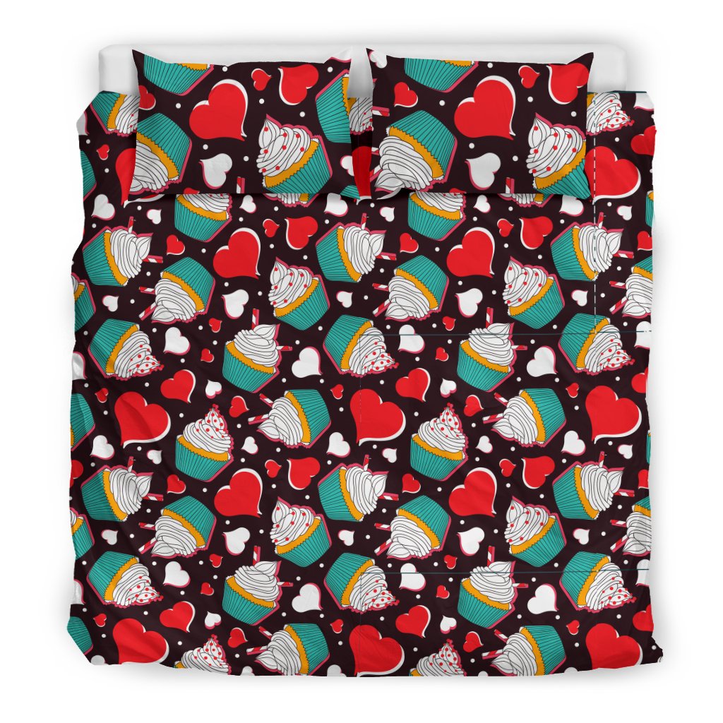 Cupcakes Heart Print Pattern Duvet Cover Bedding Set