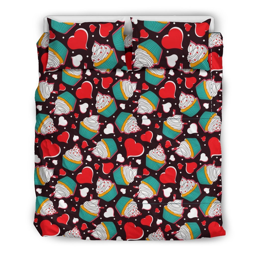 Cupcakes Heart Print Pattern Duvet Cover Bedding Set
