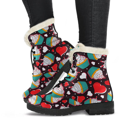 Cupcakes Heart Print Pattern Faux Fur Leather Boots-JTAMIGO.COM