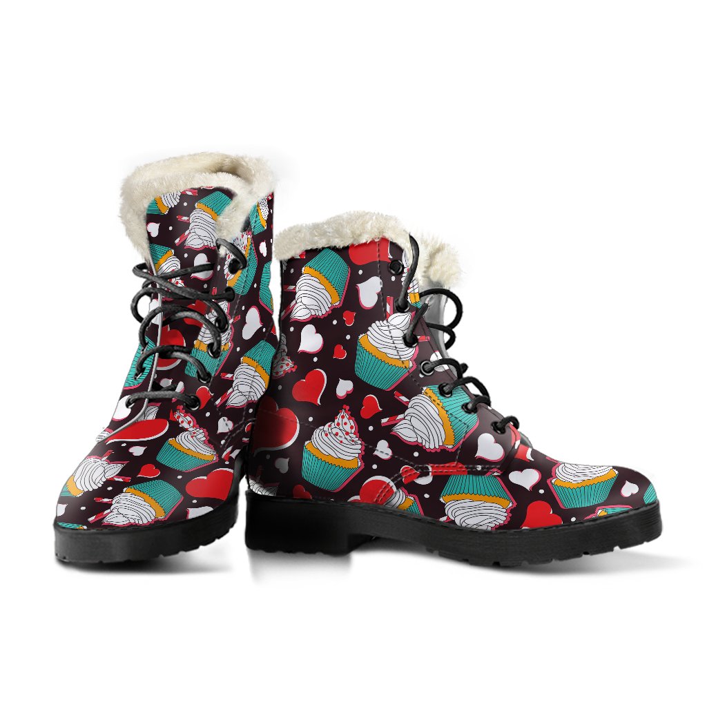 Cupcakes Heart Print Pattern Faux Fur Leather Boots-JTAMIGO.COM