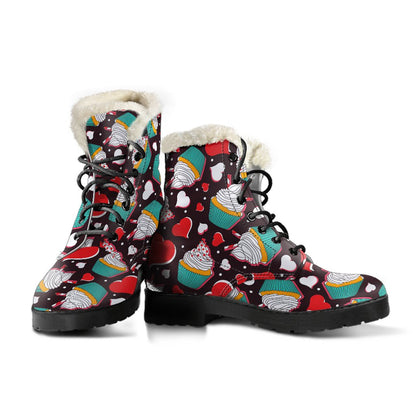 Cupcakes Heart Print Pattern Faux Fur Leather Boots-JTAMIGO.COM