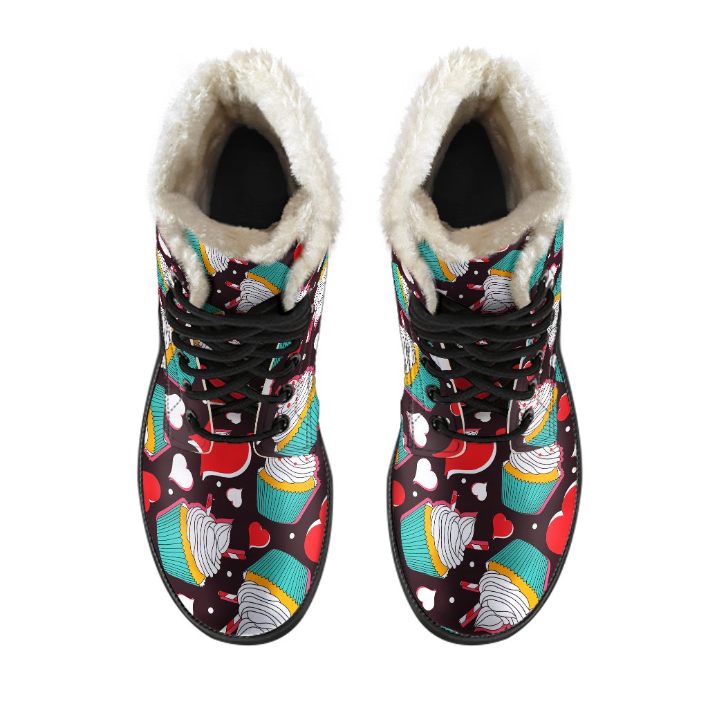 Cupcakes Heart Print Pattern Faux Fur Leather Boots-JTAMIGO.COM
