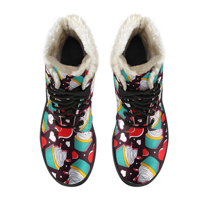 Cupcakes Heart Print Pattern Faux Fur Leather Boots-JTAMIGO.COM