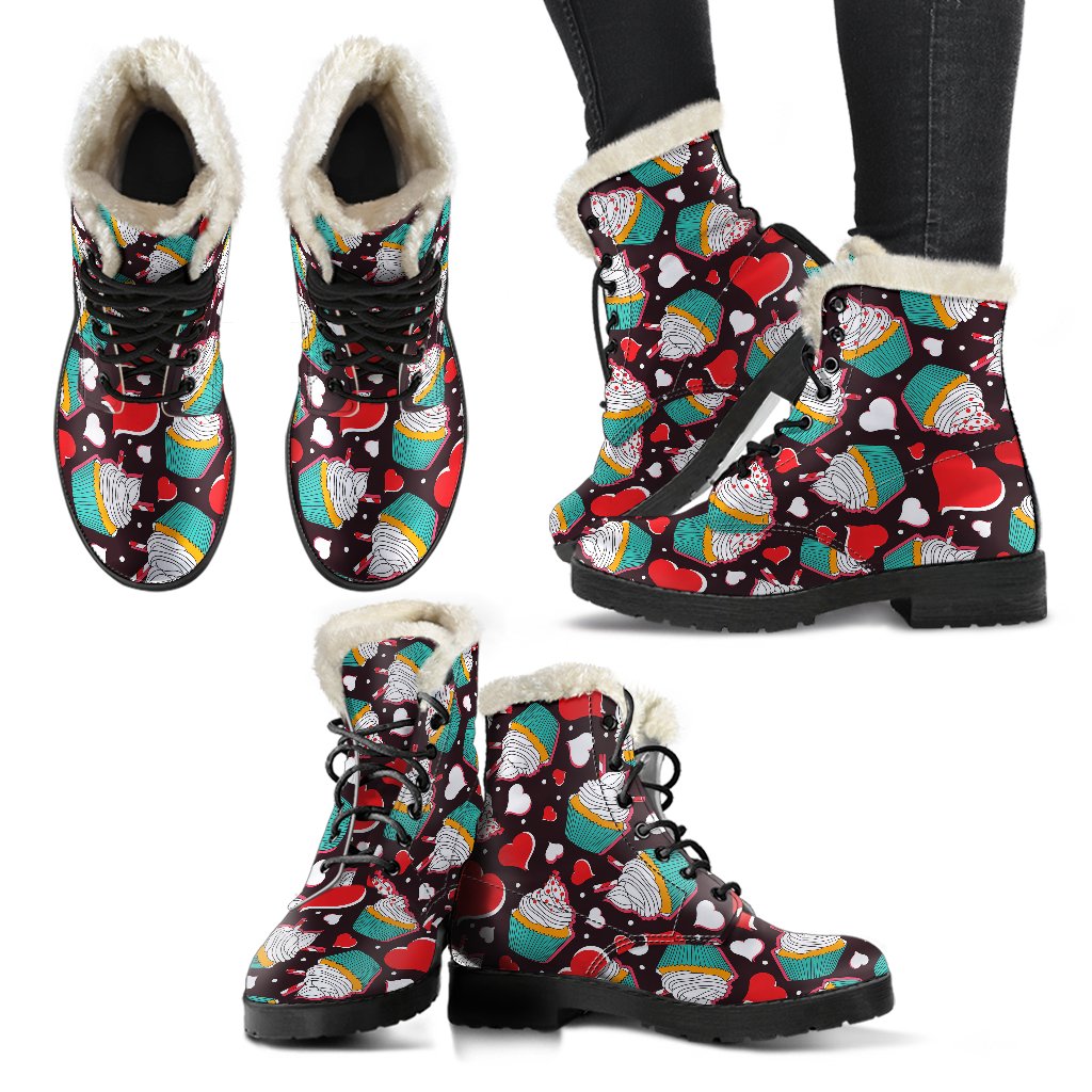 Cupcakes Heart Print Pattern Faux Fur Leather Boots-JTAMIGO.COM