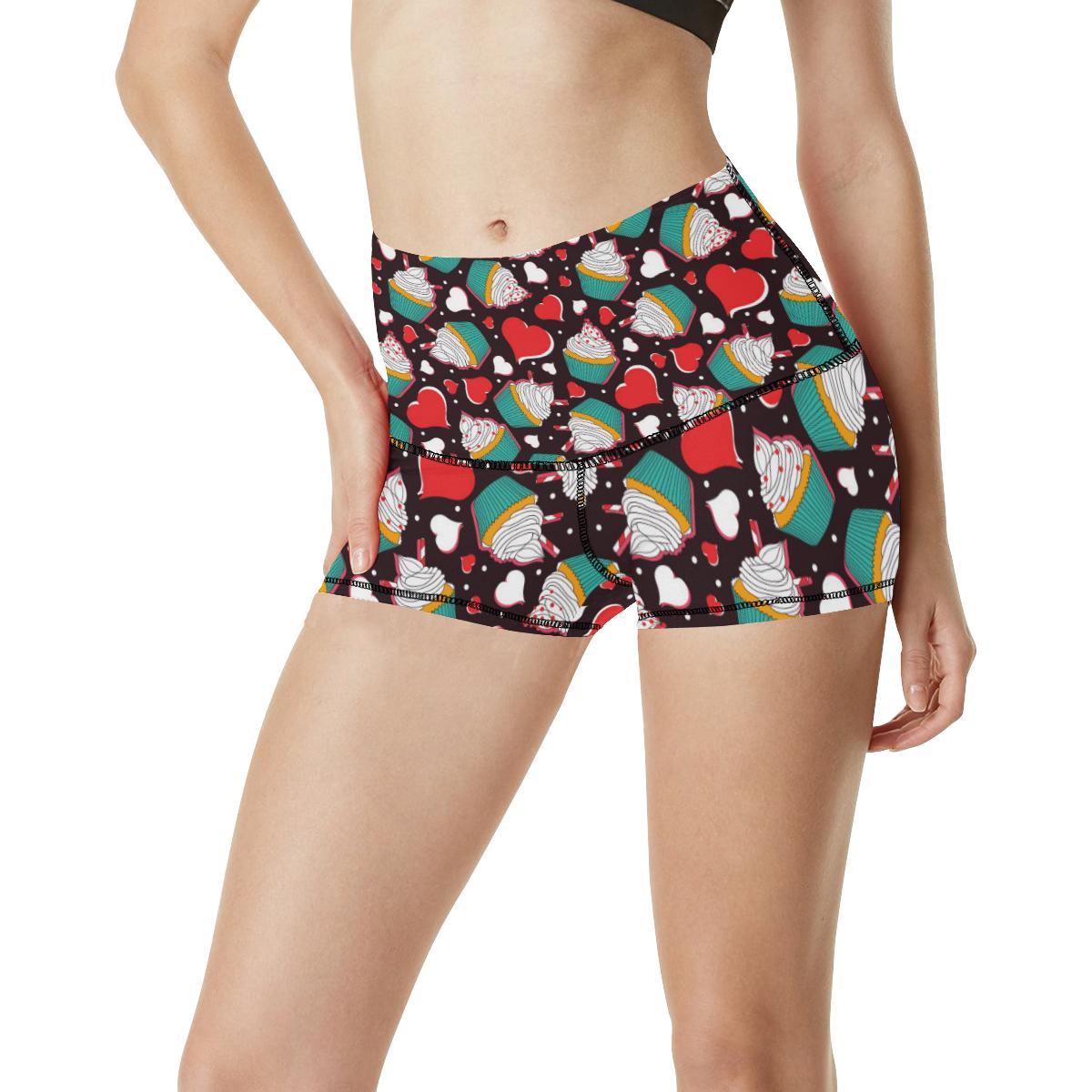 Cupcakes Heart Print Pattern High Waisted Spandex Shorts-JTAMIGO.COM