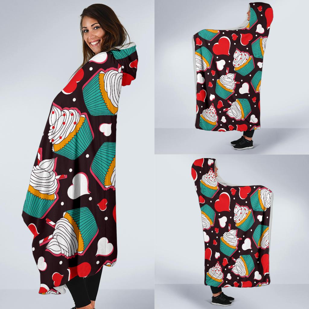 Cupcakes Heart Print Pattern Hooded Blanket-JTAMIGO.COM