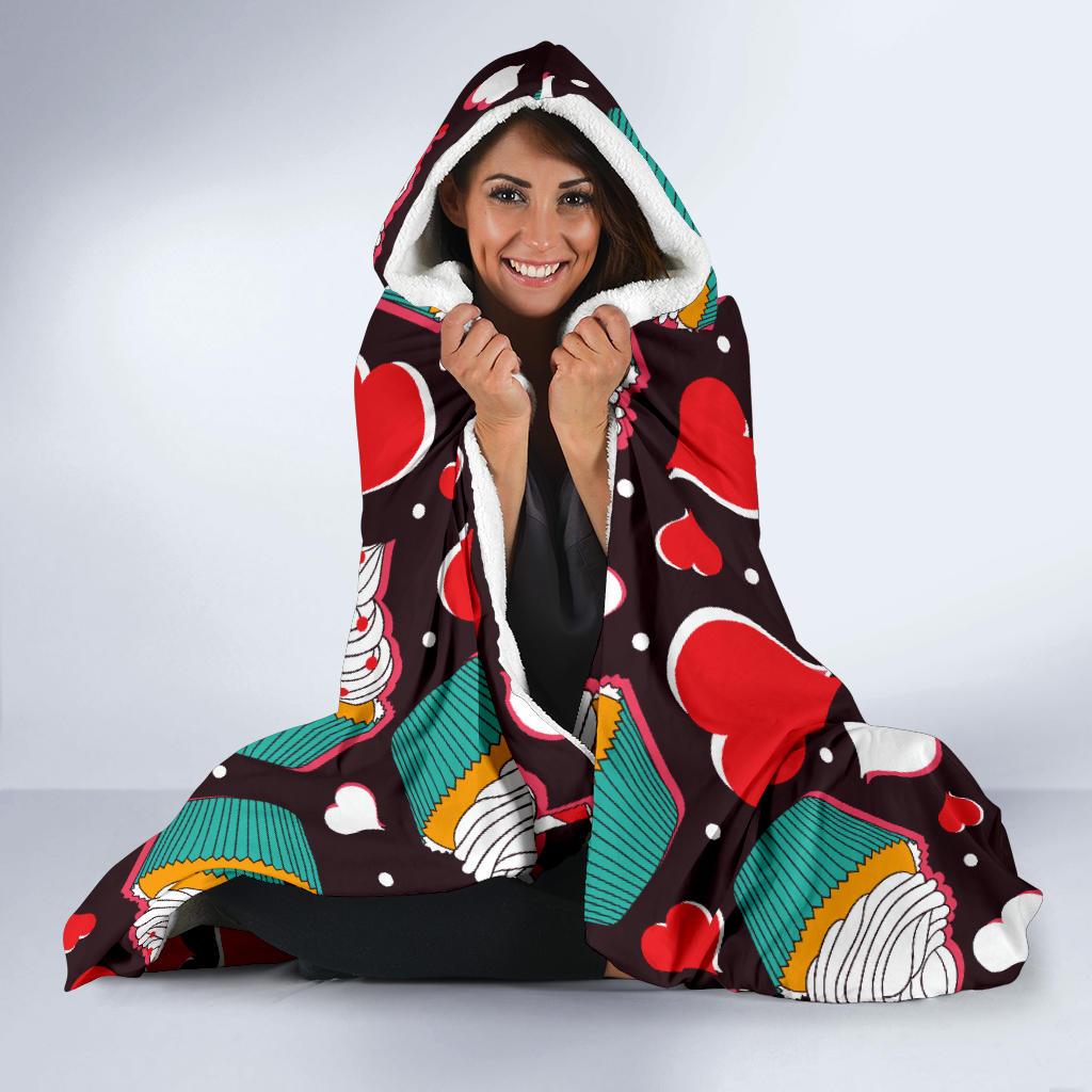 Cupcakes Heart Print Pattern Hooded Blanket-JTAMIGO.COM