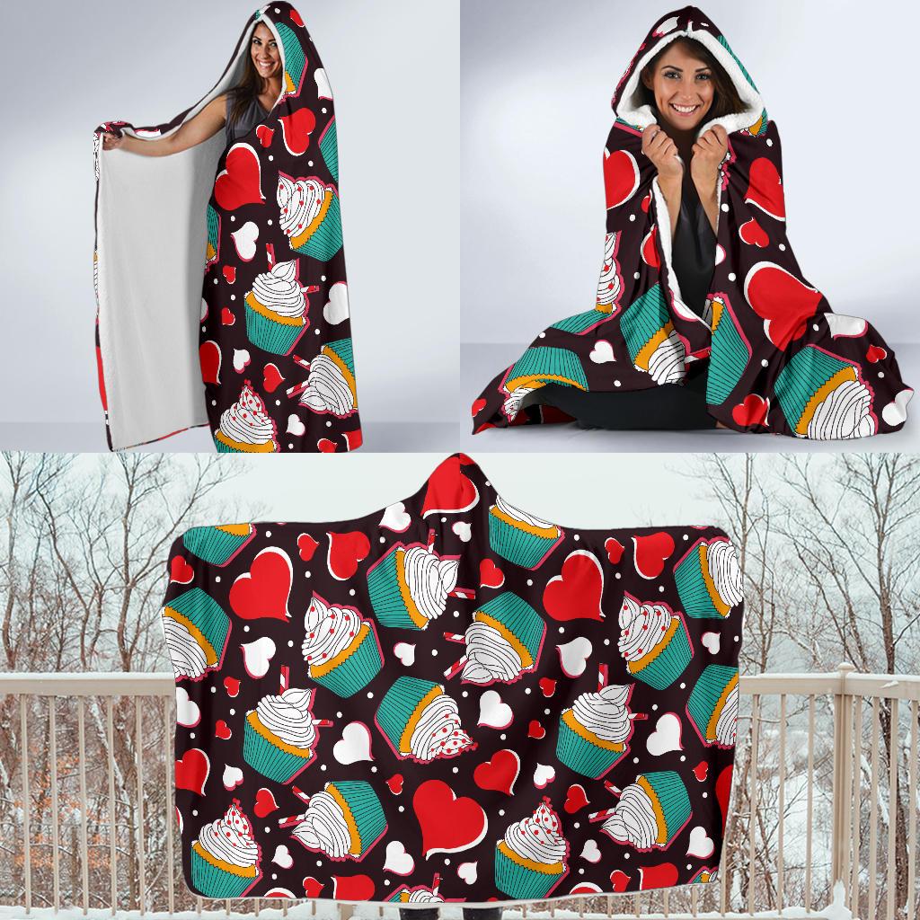 Cupcakes Heart Print Pattern Hooded Blanket-JTAMIGO.COM