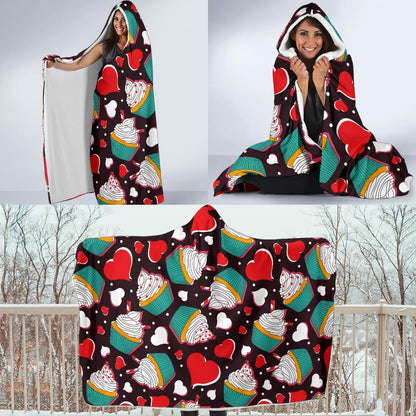 Cupcakes Heart Print Pattern Hooded Blanket-JTAMIGO.COM