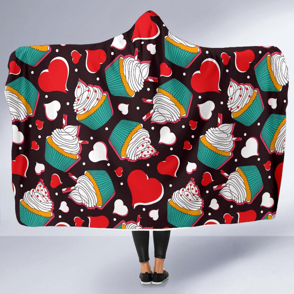 Cupcakes Heart Print Pattern Hooded Blanket-JTAMIGO.COM